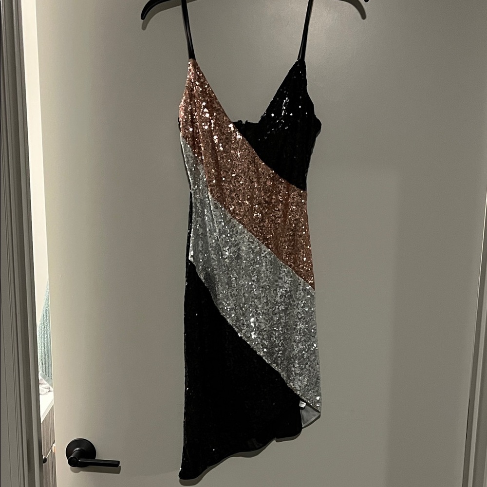 Nothing But Glamour Black Multi Sequin Color Block Bodycon Dress